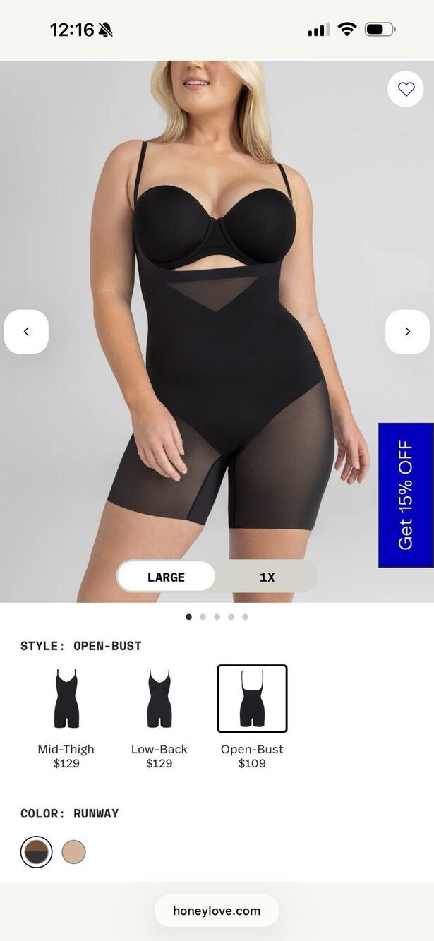 Honeylove Open-Bust Mid-Thigh Shapewear Bodysuit Stretch Black Large